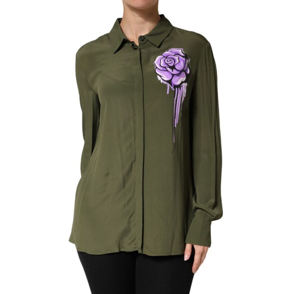 Boutique Moschino Women's Green Acetate Collared Long Sleeves Floral Women's Top